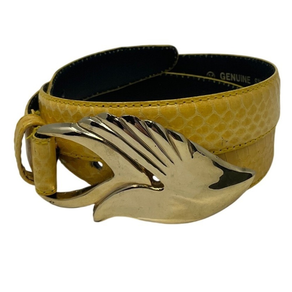 Leather Shop‎ Yellow Genuine Snake Skin Belt Gold Wing Buckle Vintage M